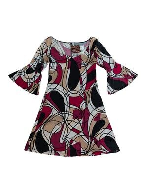 NWT Heart Soul Retro Abstract Bell Sleeve Dress SMALL Black Red White Flaws